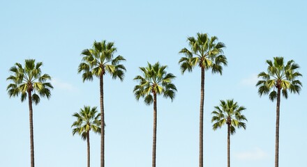 Six Palm Trees Against a Clear Pale Blue Sky