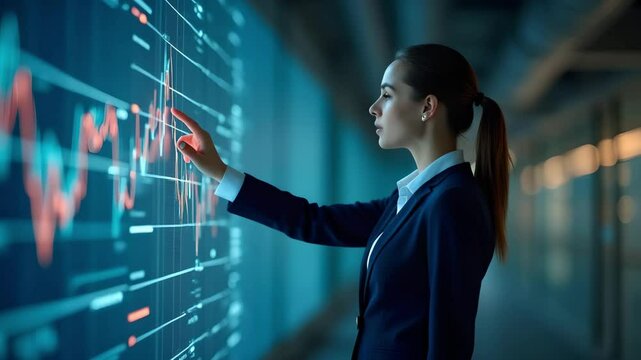 A professional gestures while presenting stock market trends on a screen