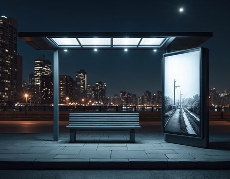 Modern bus stop shelter night. Illuminated advertising billboard in city downtown, night cityscape, urban transport concept. Empty bus stop with bench near road. - Powered by Adobe