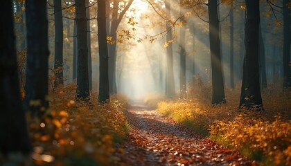 Path through autumn forest with bright sunlight. Trees with colorful foliage. Fall season scenery. Serene landscape, nature background. Woodland, trees, woods with sun rays. Peaceful, calm outdoor
