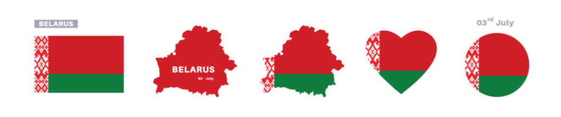 belarus flag and map set. belarus flag in official colors and proportions. independence day 3 july , map, circle and heart shaped belarus 