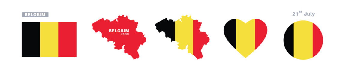 belgium flag and map set. belgium flag in official colors and proportions. independence day 21 july, map, circle and heart shaped belgium 