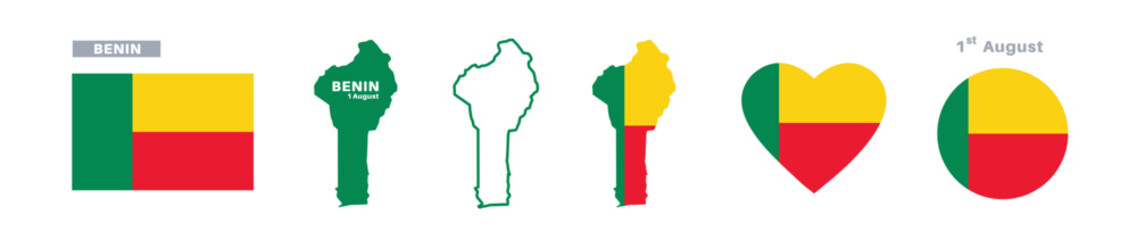 benin flag and map set. benin flag in official colors and proportions. independence day 1 august, map, circle and heart shaped benin 