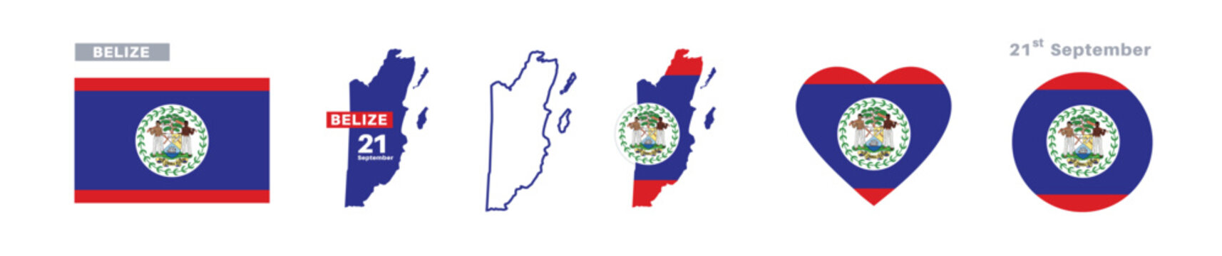 belize flag and map set. belize flag in official colors and proportions. independence day 21 september , map, circle and heart shaped belize 
