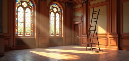 Fototapeta premium Grand room interior with sunlight through stained glass windows. Wooden ladder stands near door. Staging new home, design, renovation, remodel repair. Bright apartment property, residence, building.