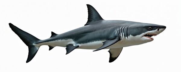 Obraz premium Great white isolated on white background. Predator swims showing teeth. Ocean wildlife, aquatic animal, dangerous marine life. Cut-out photo for design, print, education materials.