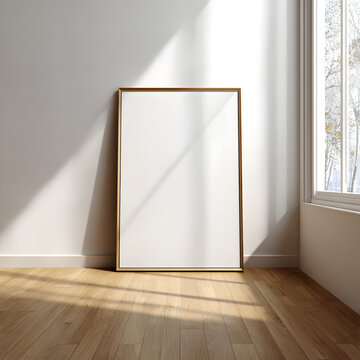 A large empty canvas in a gold frame leans against a white wall in a sunlit room