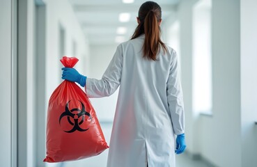 Scientist walks down sterile corridor with red biohazard bag. Worker in protective blue gloves, white lab coat. Infectious waste disposal, safety protocols, infection control. Health, danger, risk.