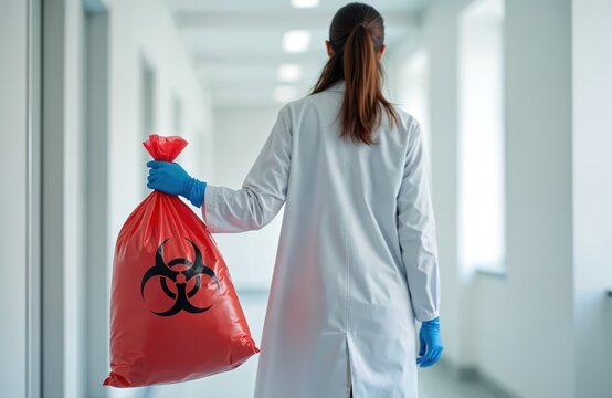 Scientist walks down sterile corridor with red biohazard bag. Worker in protective blue gloves, white lab coat. Infectious waste disposal, safety protocols, infection control. Health, danger, risk.