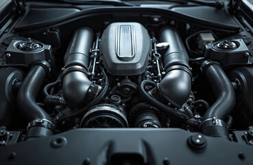 Fototapeta premium Powerful modern car engine detail. Automotive tech with high performance engine. Close-up of engine, cylinders, pistons, turbocharger. Metallic dark grey, black car engine.