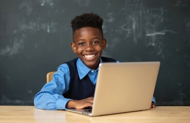 Young black schoolboy smiles using laptop in front of blackboard. Student wears uniform in classroom, happy, focused on learning. Tech, modern education concept.