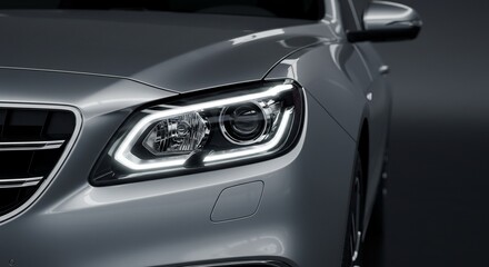 Fototapeta premium Sleek Silver Car Headlight Closeup in Dark Studio