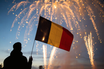 A person silhouetted against a twilight sky, holding the Belgian flag while vibrant fireworks illuminate the celebration in the background