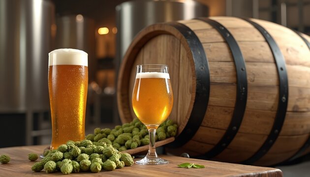 Glass of cold craft beer with foam, full beer barrel, green hops on wooden table. Brewery on background. Beer production, fermentation process, hops ingredient for ale, lager, stout. Healthy alcohol,