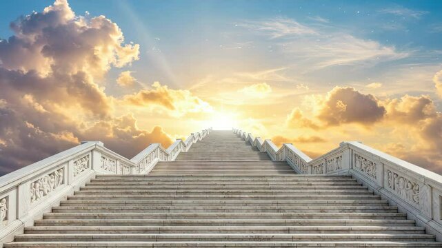 Majestic stairs lead to a bright horizon under a vibrant sky at sunset