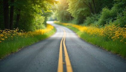 Fototapeta premium Road winding through forest with yellow flowers on roadside. Journey through scenic summer nature. Asphalt road with yellow lines. Leading lines, path, way to goal. Landscape view of road, green