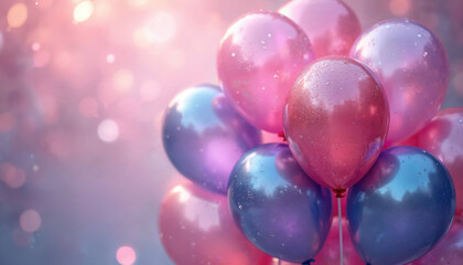 Fototapeta premium Colorful balloons in pink purple blue colors, arranged in celebration bouquet. Festive decor, birthday, party backdrop with bokeh effect, abstract blurry background, lights. Happy mood, joy, cheerful