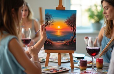 Friends enjoy painting workshop, sipping wine. Group of women socialize during creative activity. Artist painting sunset landscape on canvas. Lifestyle, leisure, relaxing time, fun together.