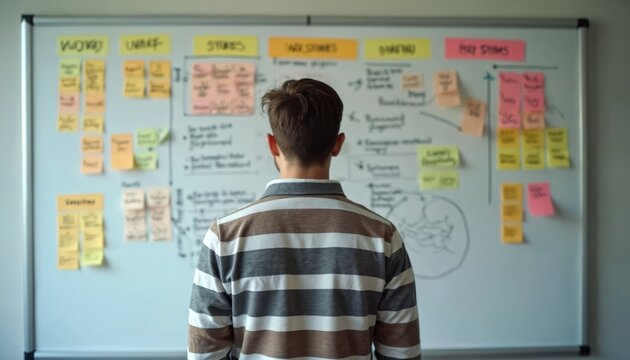 Man looking at whiteboard with Agile user stories. Team uses sticky notes, scrum planning board, during sprint planning meeting. Project management, collaboration, teamwork and business strategy.