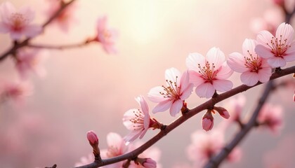 Obraz premium Delicate pink cherry blossoms on branch, soft light, capturing springtime beauty, refreshing season. Blooming flowers, bokeh effect, floral arrangement, tree branch, greeting card design. Peaceful