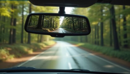 Car rearview mirror shows road through forest. Driver perspective, view of road. Green trees on both sides. Road trip, journey, adventure, travel. Roadway, highway, transportation, driving