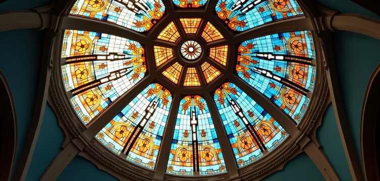 Stained glass dome ceiling with intricate pattern, soft lighting in church sanctuary. Multi-colored glass design, floral, geometric shapes, creating colorful reflections. Architectural details