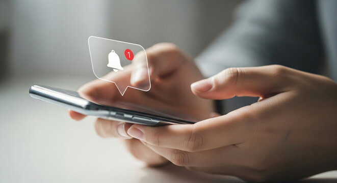 Woman using smartphone with new notification alert bubble. Digital bell icon showing unread messages or updates. Modern technology network.