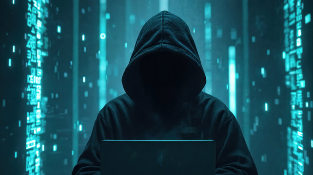Cyberpunk concept art shows hooded hacker using laptop. Cyber security digital technology. Anonymous criminal in hoodie, internet crime, global network.
