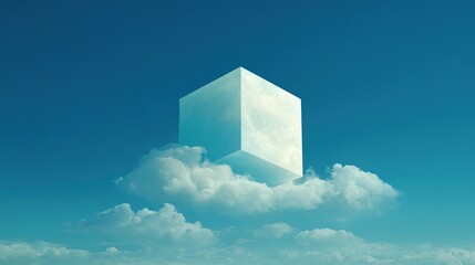 Surreal Floating Cloud Inside Geometric Cube on White Background