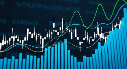 Naklejka premium Financial chart with candle stick and bar graphs for exchange analysis. Stock market data and numbers for investment growth.