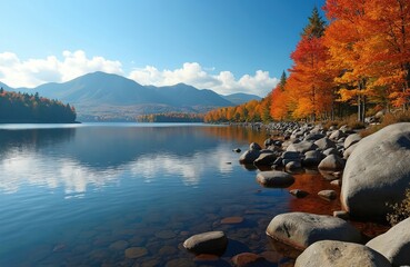 Scenic autumn landscape with mountains, colorful trees reflected in calm lake water. Rocky shore with vibrant foliage, fall season colors. Clear sky, Acadia National Park, Maine, USA. Perfect place