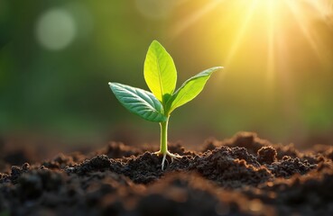Young green plant sprouts from rich soil illuminated by sunlight, growth. Fresh plant in ground represents new life, renewal, environment, ecology, eco-friendly, sustainable growth. Ideal for