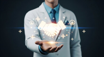 Male doctor holding hands shaking virtual icon. Healthcare partnership concept. Medical collaboration and trust for health solutions.