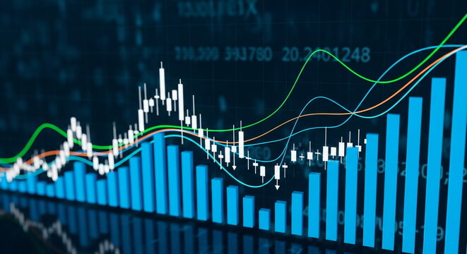 Blue financial bar chart with wave lines and candle stick graph showing investment and stock market data.