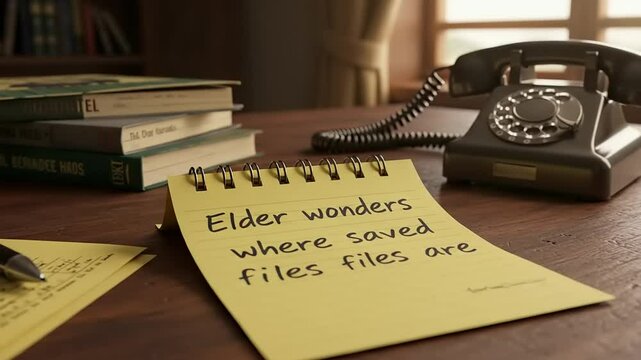 Elder wonders about the location of saved files while sitting at a desk with a vintage telephone nearby