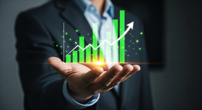 Man holding a green bar graph with an upward trend line. Concept of business growth, investment, and profitable financial solutions.