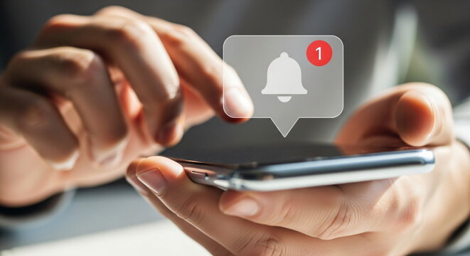 Woman holding smartphone with on screen notification bell. Social media new message alert on mobile phone app.