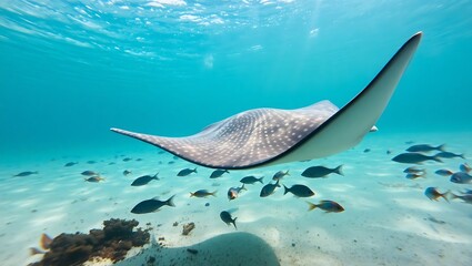 "Close-Up of a Majestic Stingray Gliding Underwater with Fish Beneath"