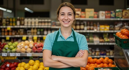 Smiling Supermarket Employee with Crossed Arms in Front of Produce