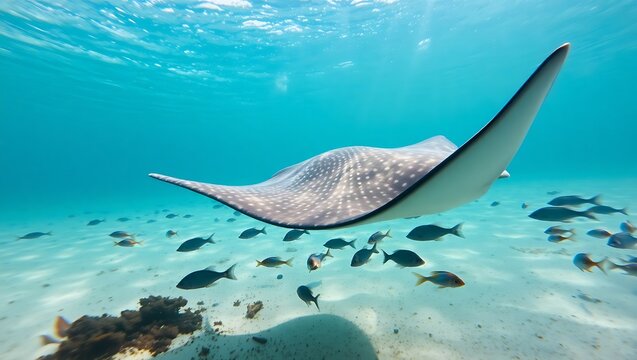 "Close-Up of a Majestic Stingray Gliding Underwater with Fish Beneath"