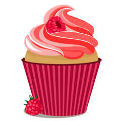 Cupcake with cream and raspberries without background