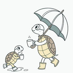 Vector illustration of a Playful Sea Turtles with wearing bunny slippers, styled in a Rainy day theme using Raindrop Calm colors