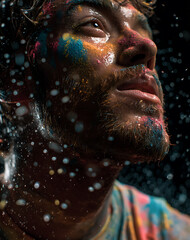 Closeup Portrait of a Man Covered in Colorful Powder and Glitter Against a Dark Background