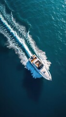 Aerial ultra wide photo of luxury rigid inflatable speed boat cruising high speed deep blue Aegean Sea in Greece. White motorboat with water trace. Summer travel vacation.