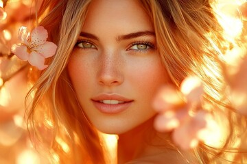 Fototapeta premium Spring mood, golden hour in sunset. Gorgeous brazilian young woman surrounded by cherry blossoms. Commercial concept graphic. Woman inhaling floral aroma in spring.