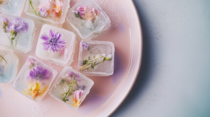 Pastel Floral Ice Cubes on Pink Plate with Delicate Frozen Blossoms Autumn 