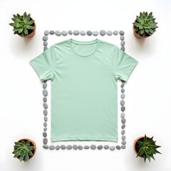 Mint green t-shirt flat lay mockup, blank apparel template, natural product branding, eco-friendly clothing display