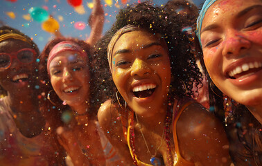 Joyful Women Celebrating at a Colorful Festival