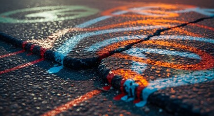 Gritty urban asphalt with paint, cracked road street art, colorful abstract graffiti texture, damaged pavement lines