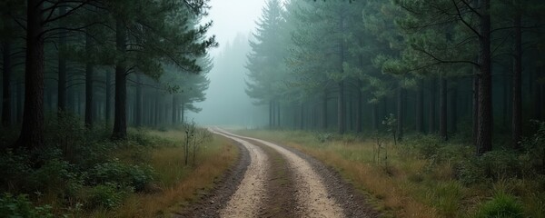 Fototapeta premium Winding dirt road leads through tall pine forest. Misty atmosphere with fog, trees. Scene creates a peaceful, calm mood. Ideal for hiking, travel adventures, exploration.